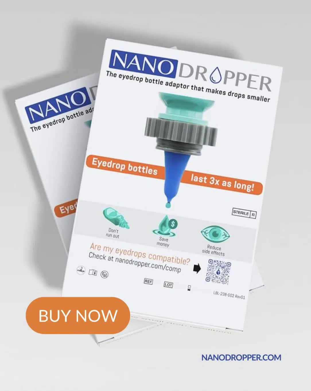 Close-up of an eye drop bottle with the Nanodropper adaptor, showing reduced drop size for precise eye care.